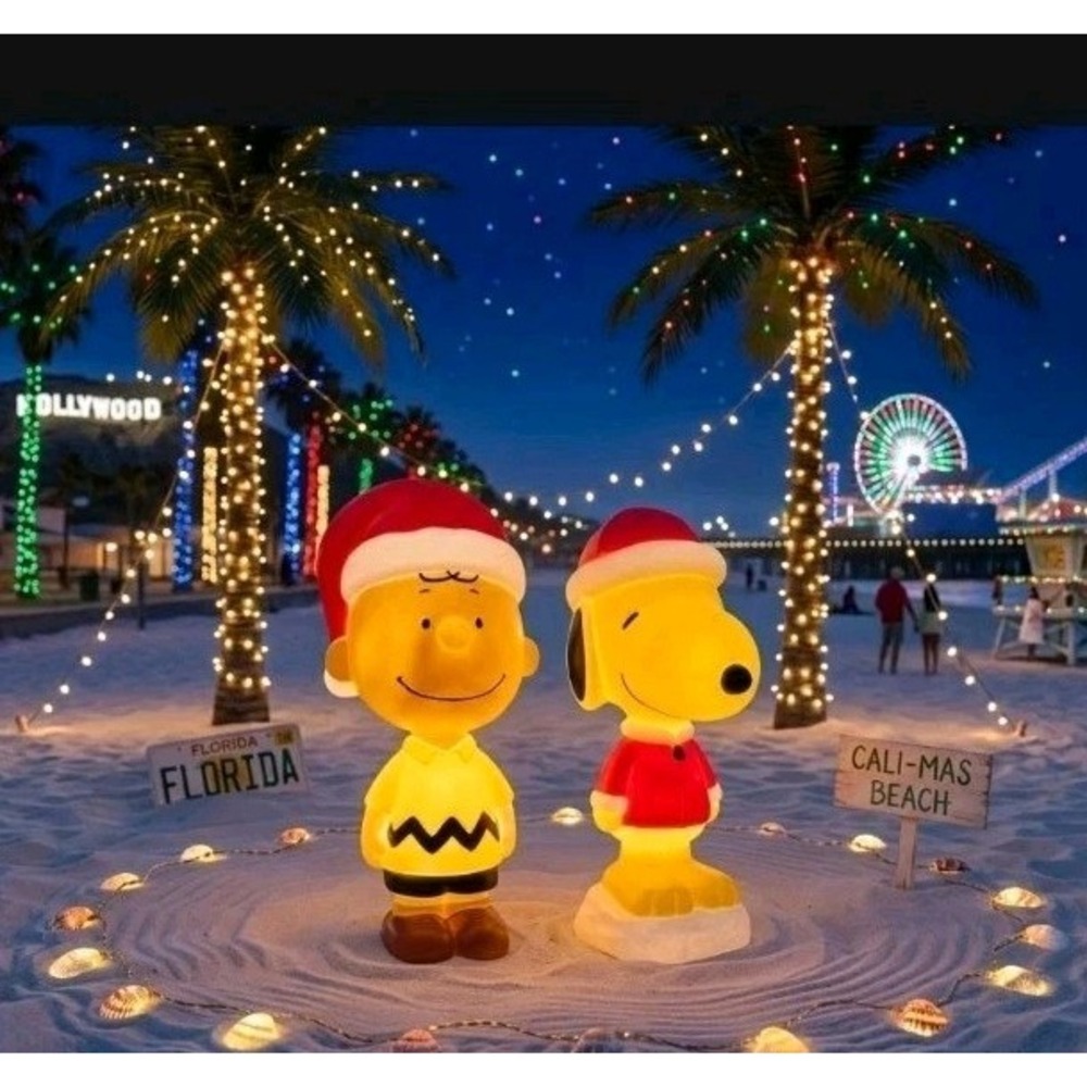 Blow Mold Decor Woodstock And Charlie Brown with Santa Hat 22 in NEW